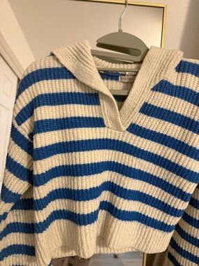 Striped Knit Hooded Sweater - Blue & Cream